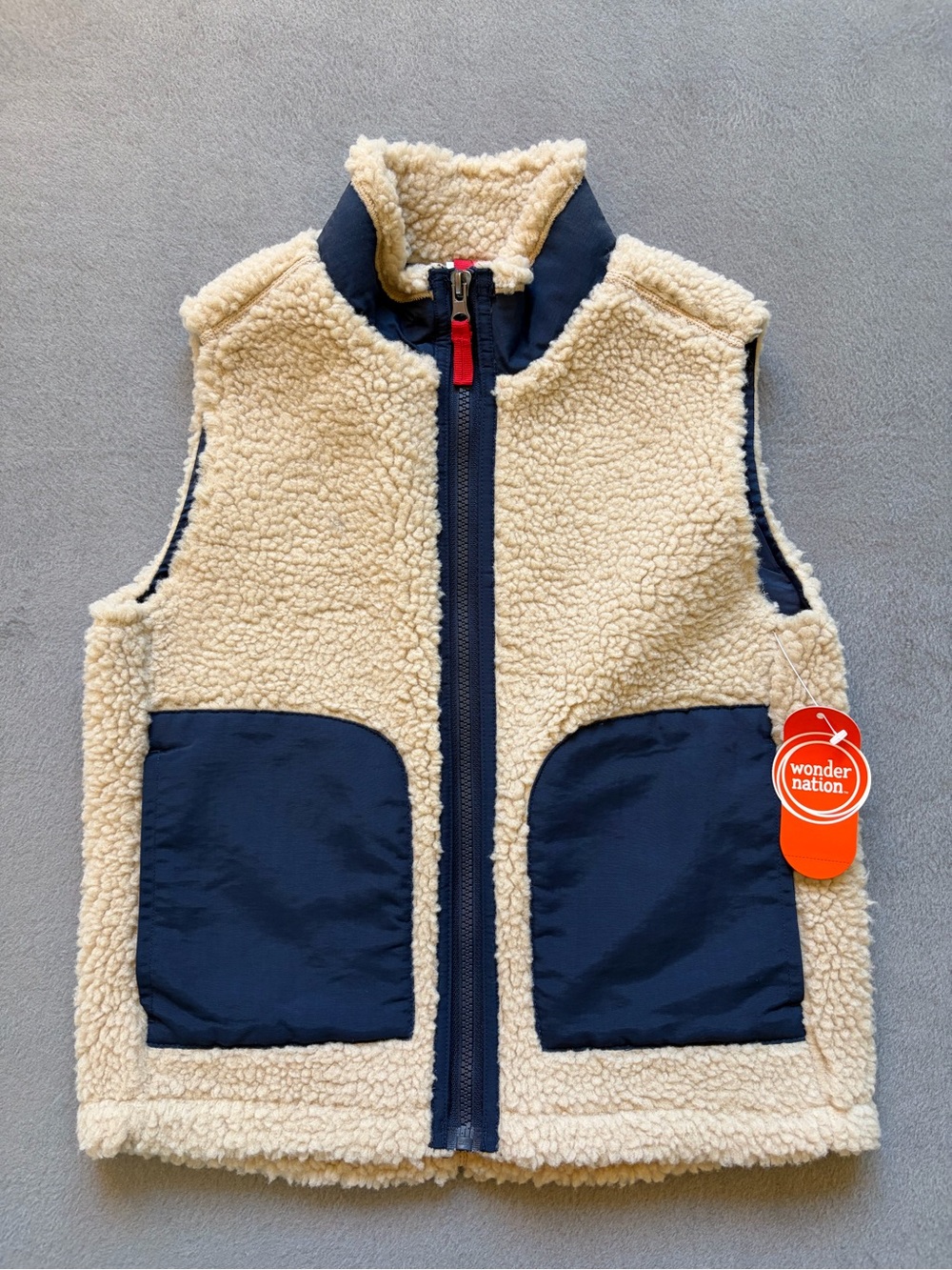 Wonder Nation Cream Sherpa Vest with Navy Pocket Panels